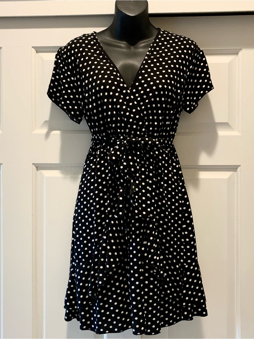 Black Polka Dot Short Sleeve Wrap Dress, Junior Size Large
